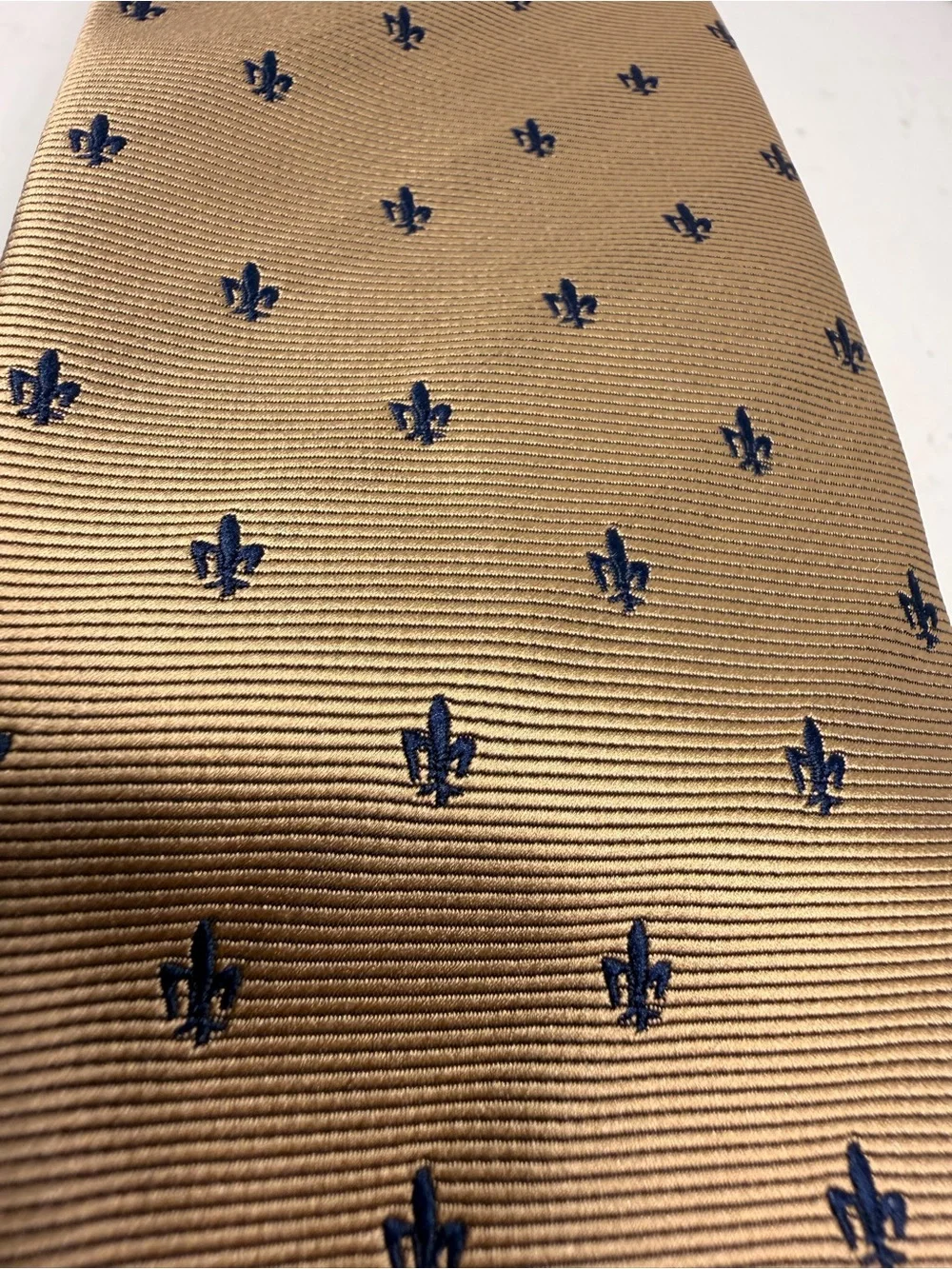 Firenze 100% Silk Gold Necktie with Blue Fleur-De-Lis Pattern